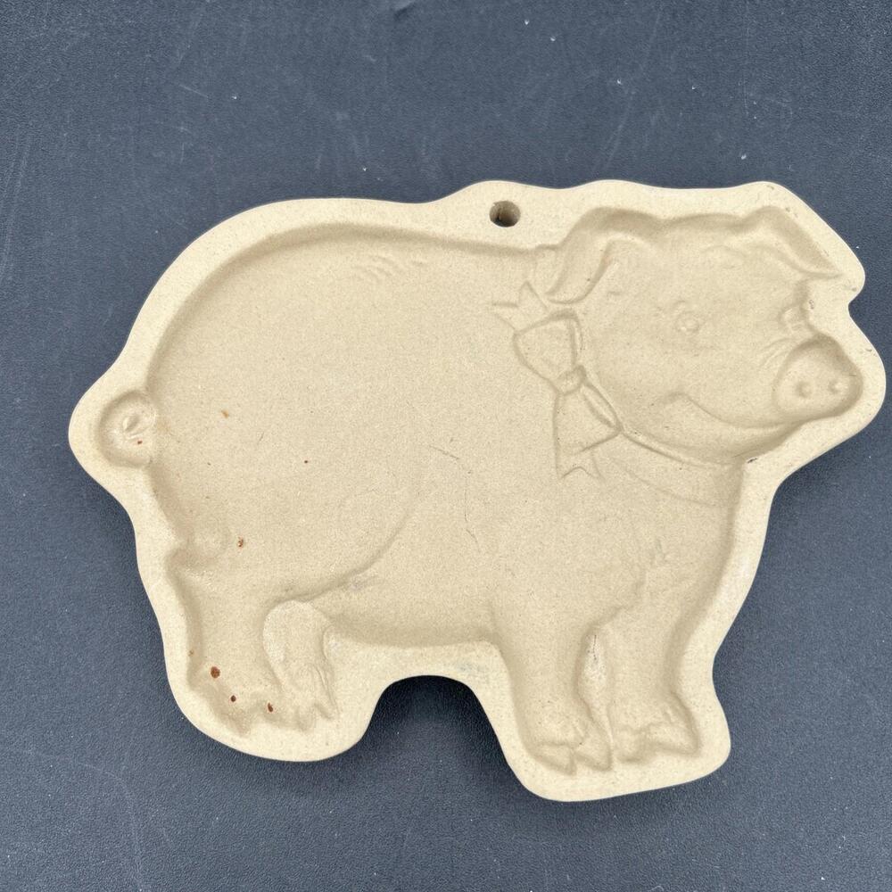 Vintage Brown Bag Cookie Art Cookie Mold Pig Bow Stoneware